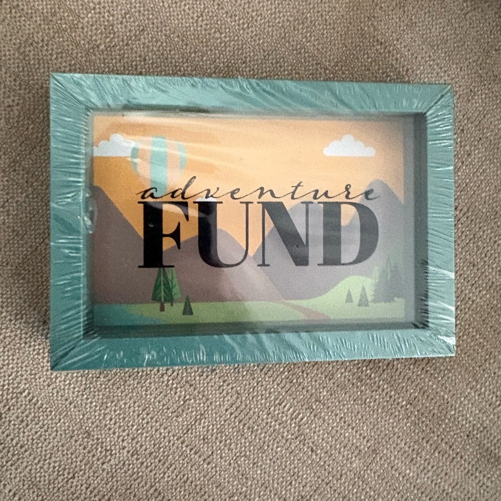Money saver piggybank or memory shadowbox Adventure Fund  Box with Teal Frame